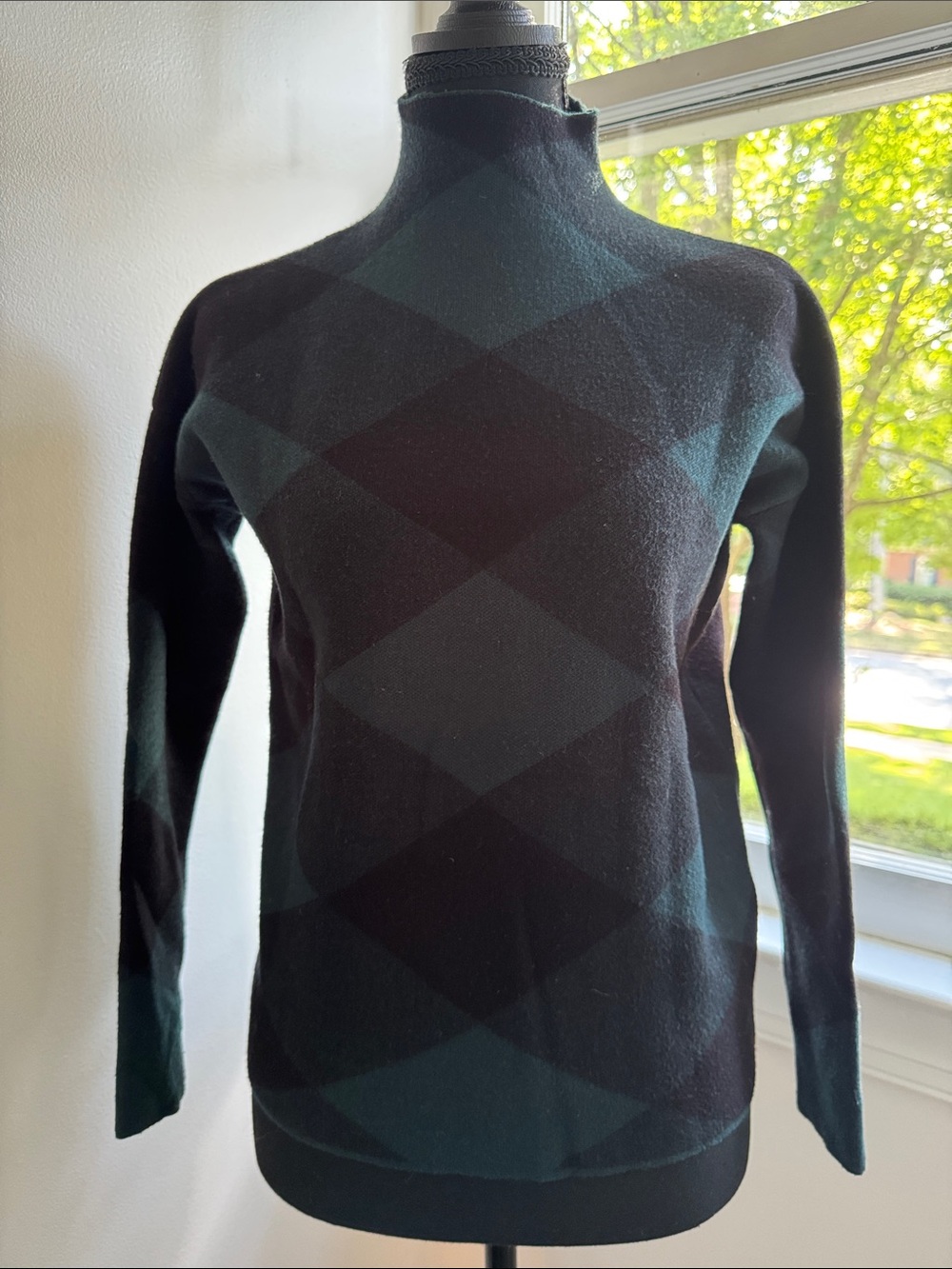Tahari Black and Dark Green Argyle Turtleneck Sweater